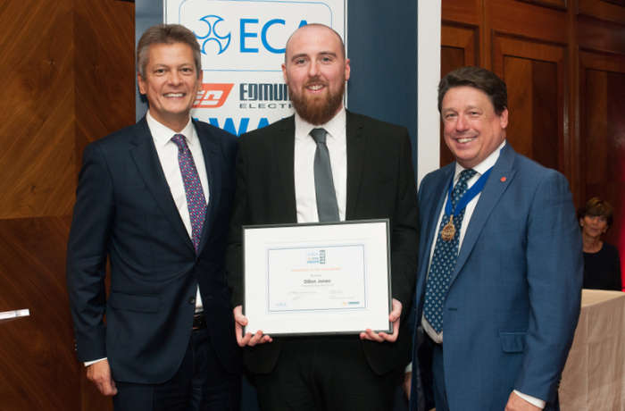 Left to right: Edmundson Electrical Managing Director Mark Felber, ECA Edmundson Apprentice of the Year 2019 Dillion Jones, and ECA President Jim Pridham.